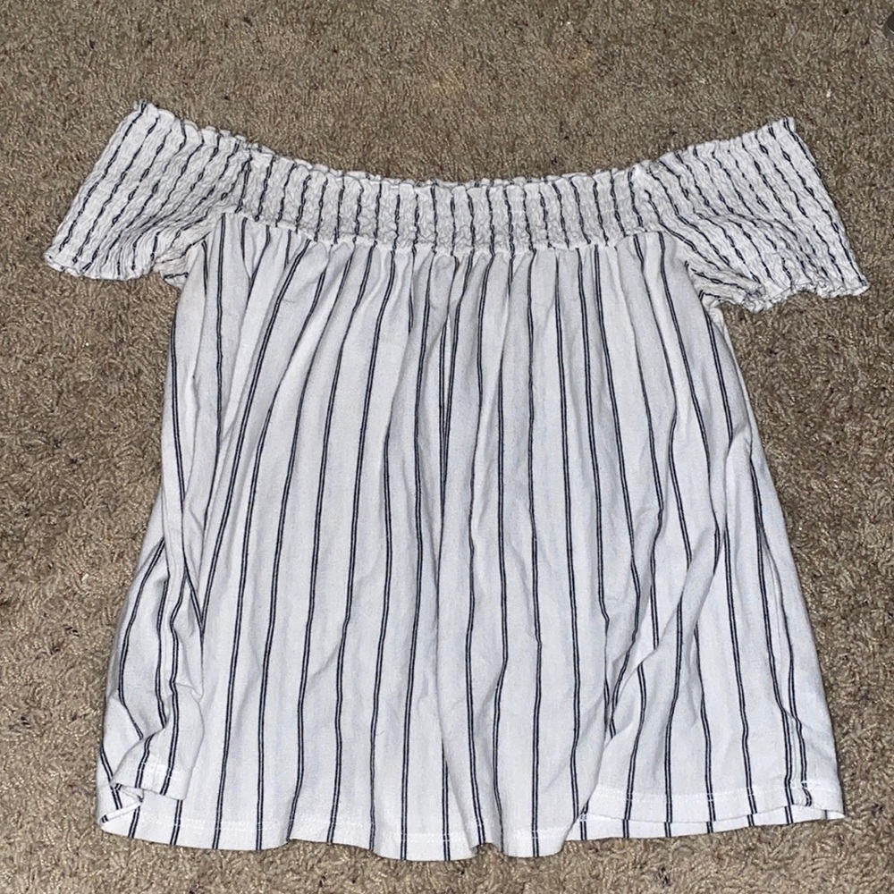 blue and white striped off the shoulder shirt